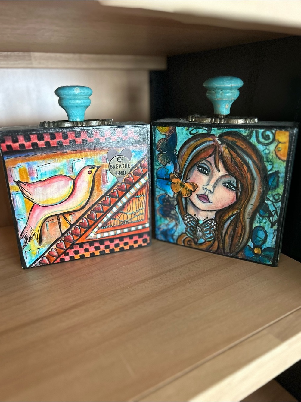 Hand-Painted Decorative Wood Blocks with Turquoise Knobs - Bird & Girl Artwork